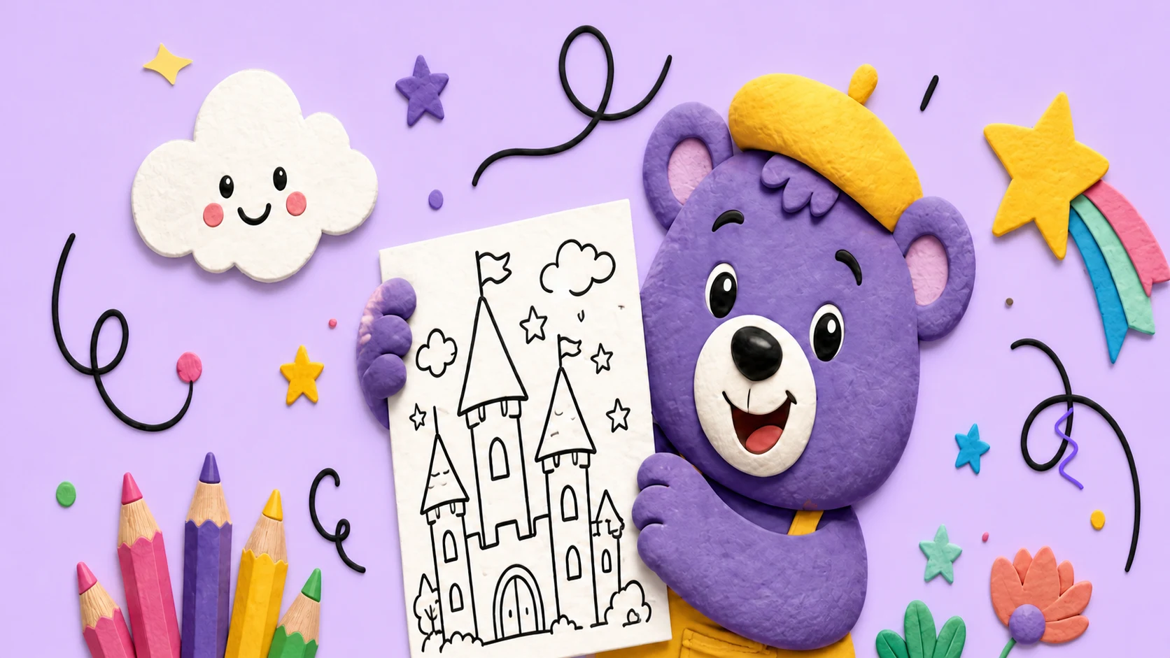 A cheerful bear holding a printable castle coloring page