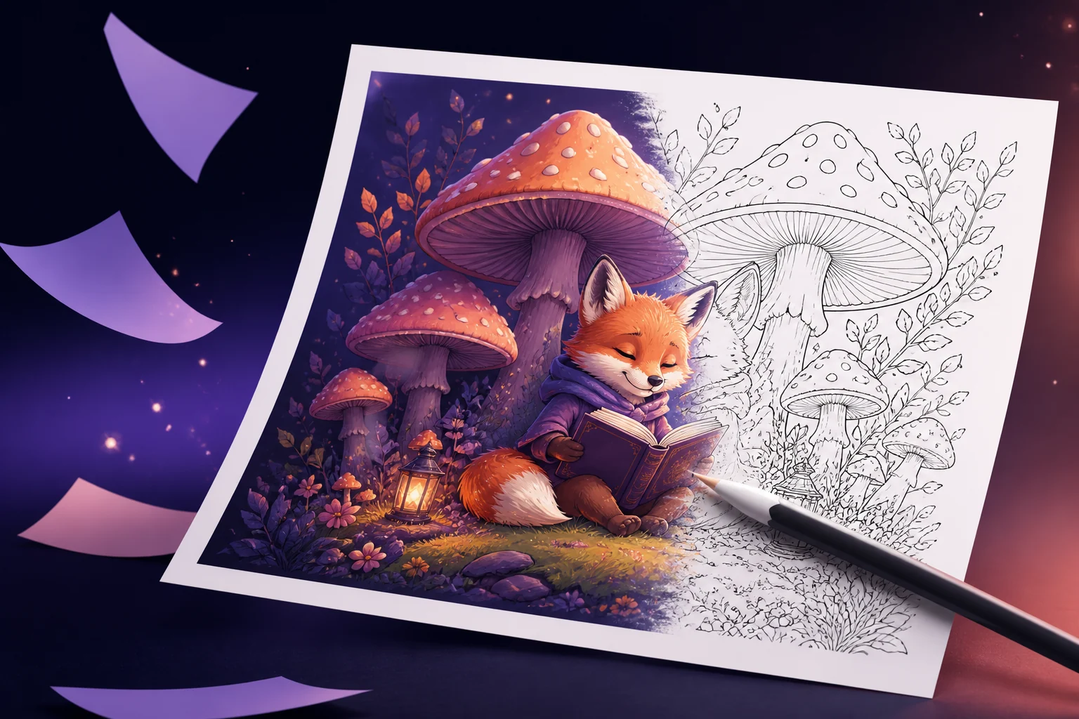 An illustration transforming into printable coloring line art